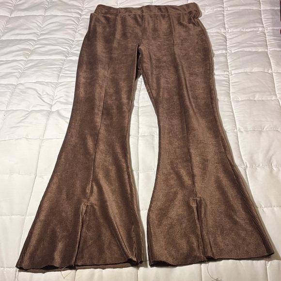 Brown High Rise Ribbed Velour Flare Pants with Bottom Leg Split - Picture 1 of 11